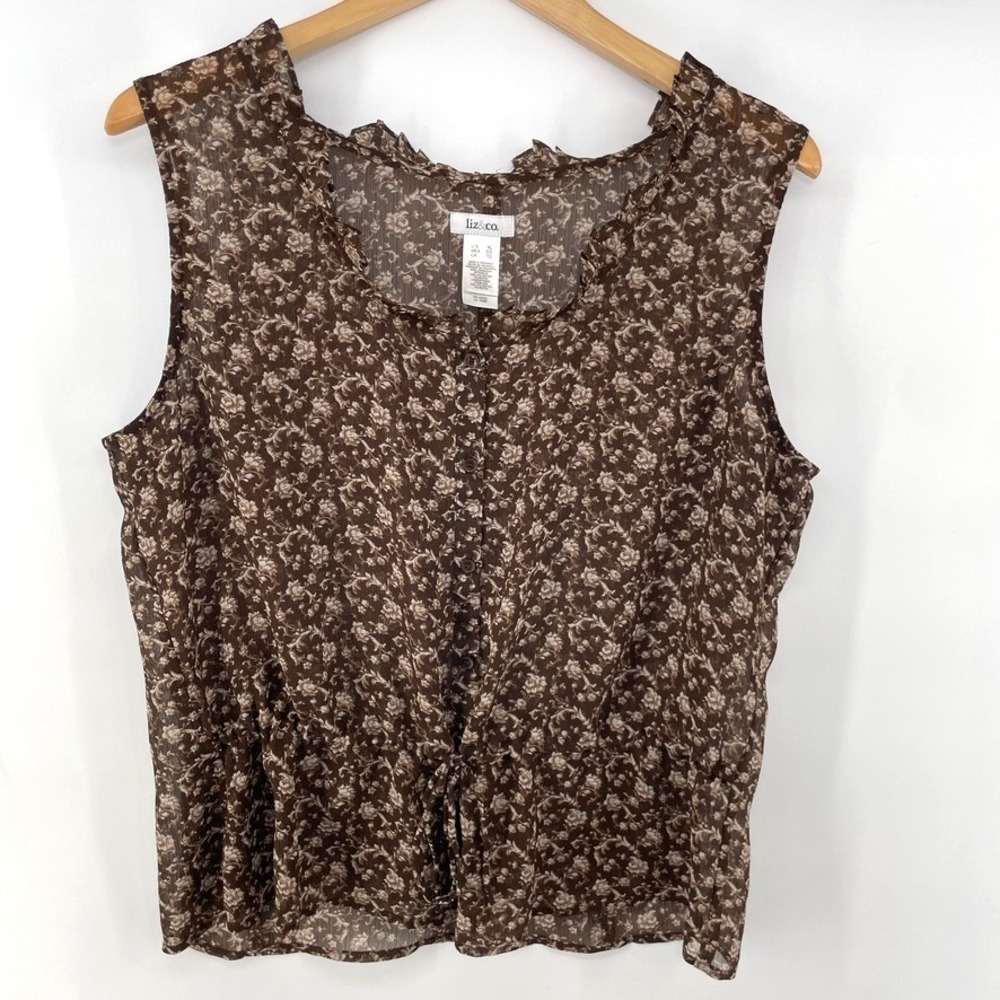 Vintage Y2K Top XL Brown Sheer Button Ruffle Floral Cotttage Boho‎ Fairy Grunge
